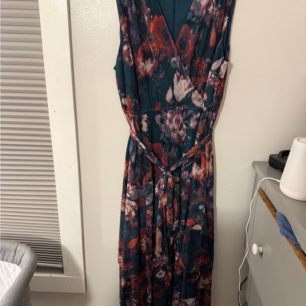Lane Bryant Teal Floral Wrap Maxi Dress with Rust & Blush Accents